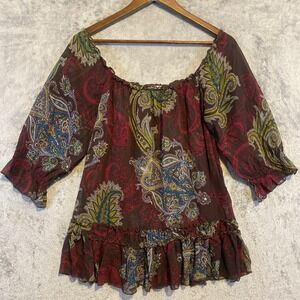 Xhilaration Top Women Sz S Colorful Paisley Sheer Ruffle Flowy‎ Boho Gypsy